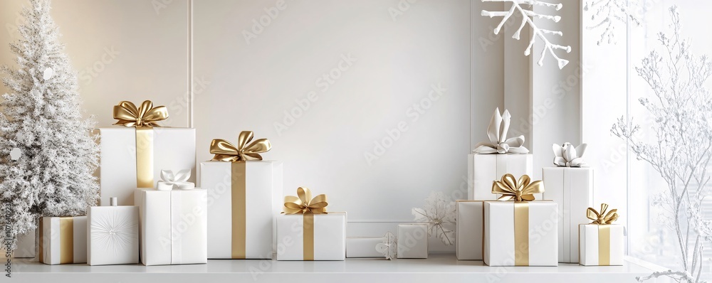 Christmas gifts with golden bows and white fir tree decorating a white wall Christmas gifts with golden bows and white fir tree decorating a white wall