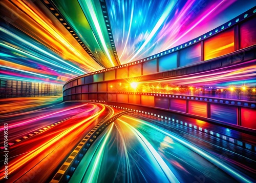 Captivating Long Exposure of a 35mm Multicolored Film Cinema Backdrop with Vibrant Colors and Dynamic Light Trails for Film Production and Artistic Settings