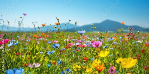 Field of Blooming Wildflowers with Mountains in the Background photo