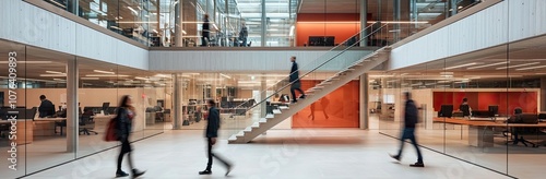 A blurred photograph of business people walking up and down the stairs in an office building made of glass with steel frames. Blurred motion photo