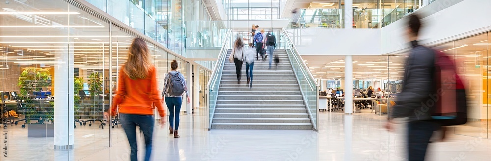 A blurred photograph of business people walking up and down the stairs in an office building made of glass with steel frames. Blurred motion A blurred photograph of business people walking up and down the stairs in an office building made of glass with steel frames. Blurred motion