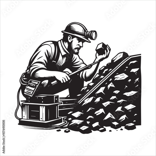 Coal miner carefully examines a piece of coal. A vintage-style illustration of a coal miner wearing a hard hat and headlamp, carefully examining a piece of coal he's holding in his gloved hands.