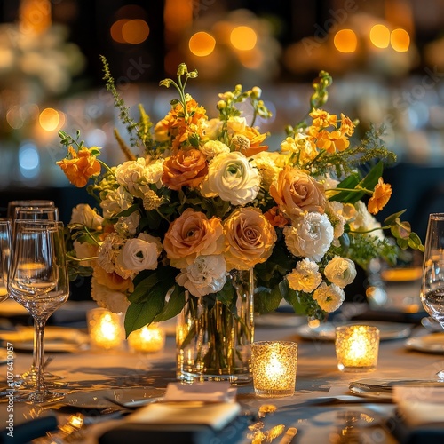 Elegant table setting at a sophisticated corporate event with soft lighting and floral centerpiece photo