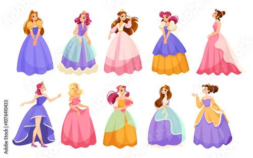 Girl Princess in Pretty Dress and Attire Standing and Smiling Vector Set