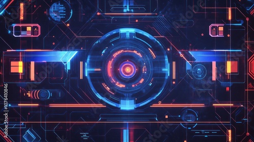 Abstract Futuristic Digital Interface with Neon Glowing Lines and Circles