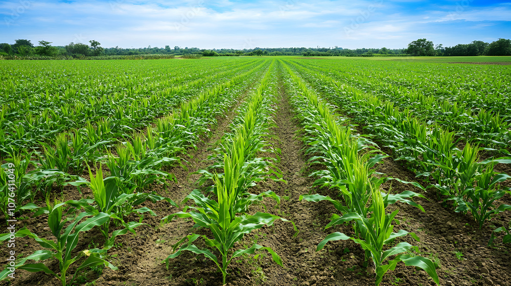 Green corn field with blue sky background Green corn field with blue sky background