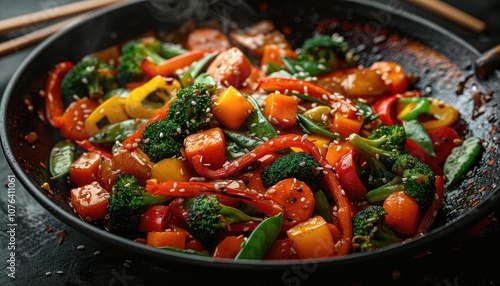 Steaming Wok of Mixed Vegetables with Sesame Seeds