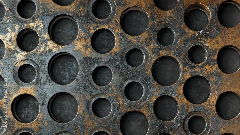 Rusty metal plate moving right with round holes Rusty metal plate moving right with round holes