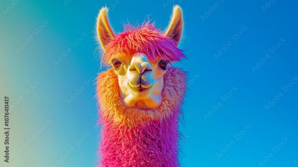 Obraz premium An alpaca with wild, chaotic, clever hair poses for a colorful photo