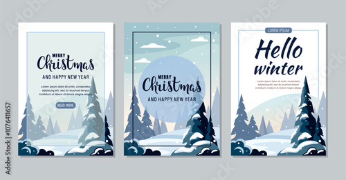 Set Merry Christmas card, poster, web banner. Winter forest landscape with firs.