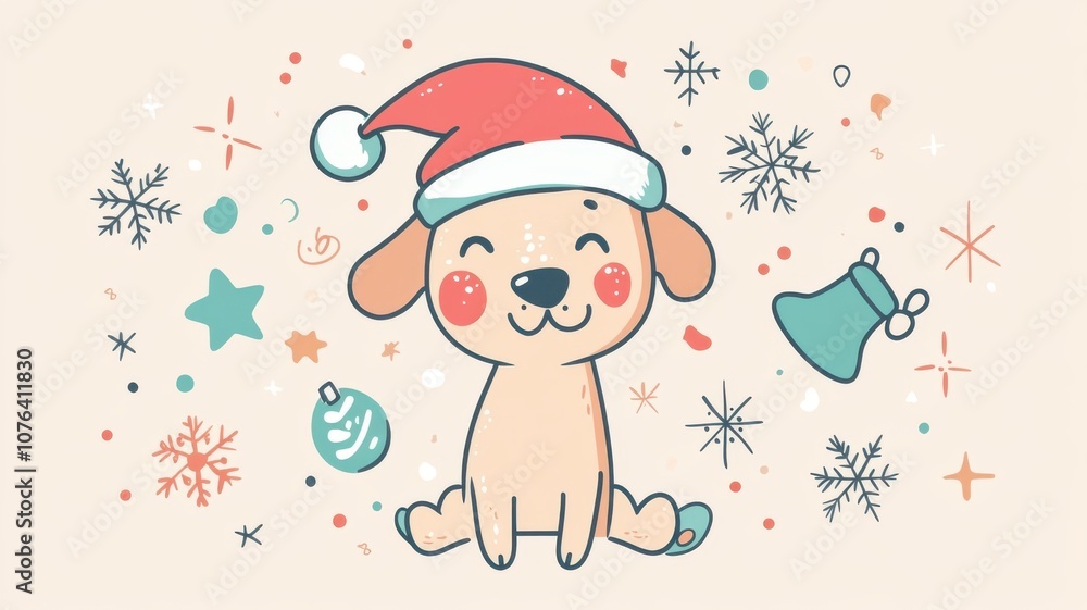 Fototapeta premium Festive doodle of dog in Santa hat with holiday icons, perfect for playful holiday cards and branding needs. Christmas, New Year's Eve