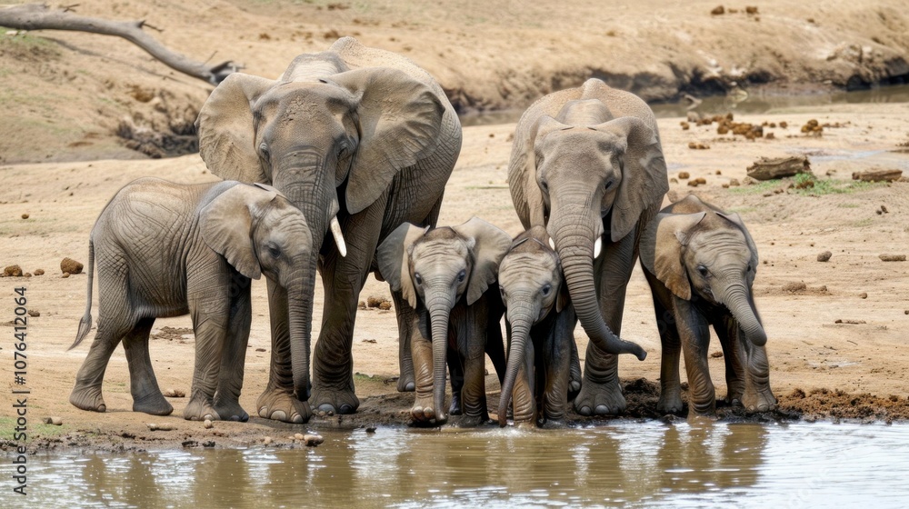 Fototapeta premium Elephant Family at a Watering Hole