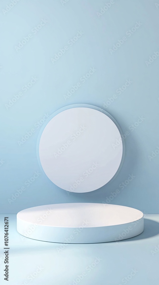 White cylinder podium on light blue background with circle decoration displaying minimal style White cylinder podium on light blue background with circle decoration displaying minimal style