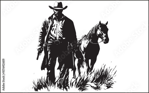 Cowboy silhouette with lasso on horse stock illustration