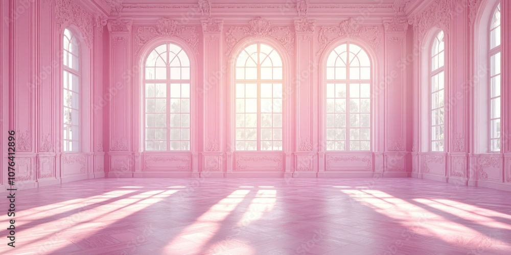 Fototapeta premium Luxurious elegant pink room with ornate windows and soft lighting