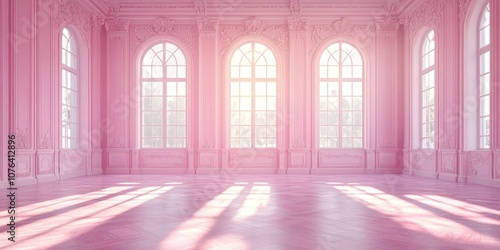 Luxurious elegant pink room with ornate windows and soft lighting