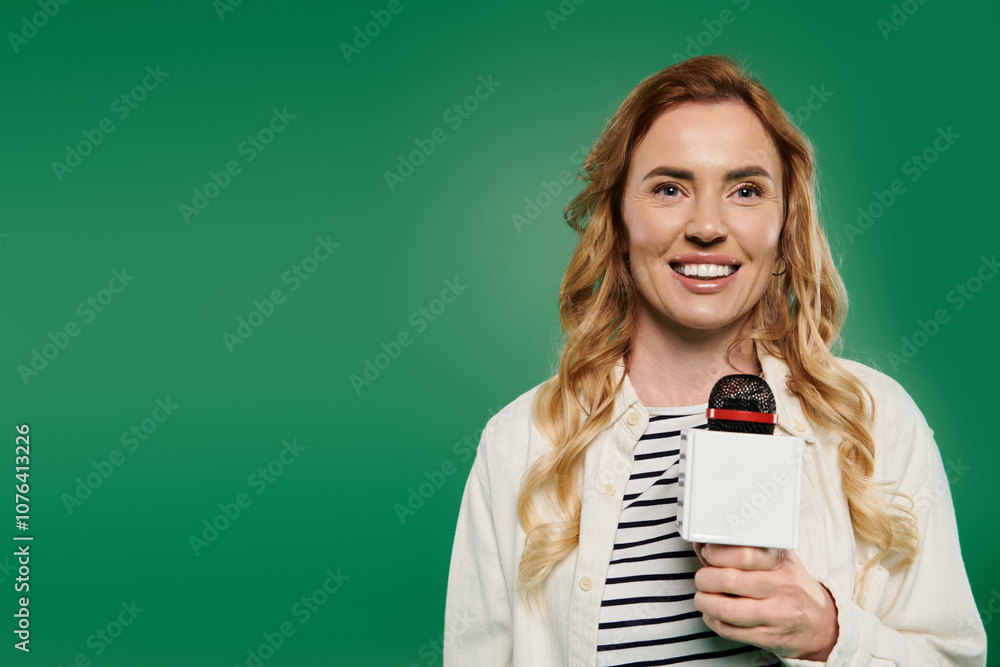 A cheerful woman with curly hair in casual attire stands confidently, microphone in hand, ready to engage. A cheerful woman with curly hair in casual attire stands confidently, microphone in hand, ready to engage.
