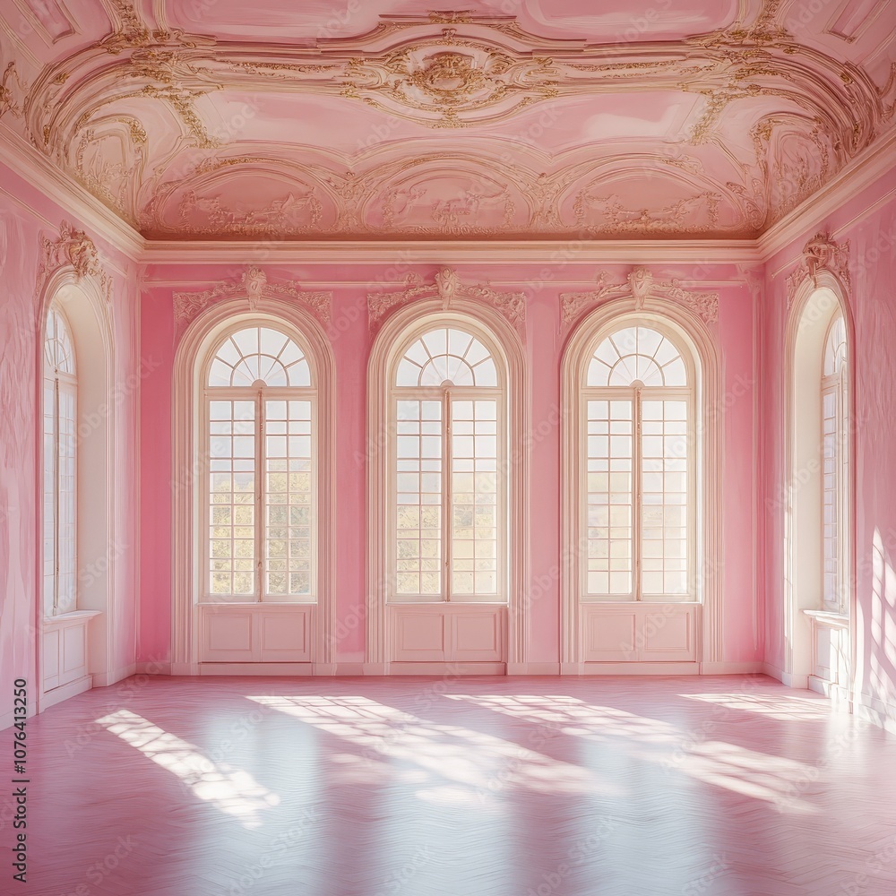 Luxurious elegant pink room with ornate windows and soft lighting Luxurious elegant pink room with ornate windows and soft lighting