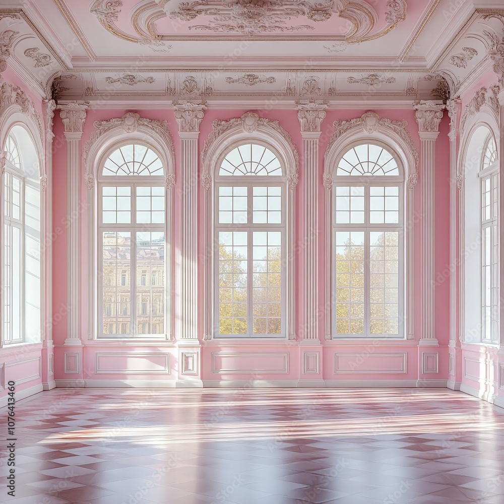 Luxurious elegant pink room with ornate windows and soft lighting Luxurious elegant pink room with ornate windows and soft lighting