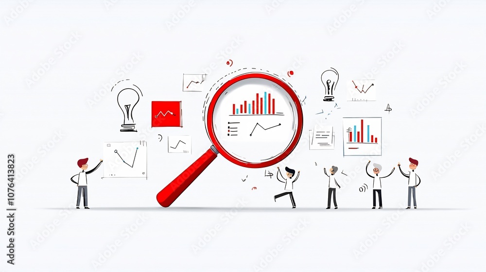 Flat of a business team collaborating to analyze growth data and charts using a giant magnifying glass showcasing their partnership and strategy in the workplace Flat of a business team collaborating to analyze growth data and charts using a giant magnifying glass showcasing their partnership and strategy in the workplace