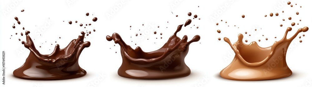 Three Chocolate Splashes with Droplets on White Background Three Chocolate Splashes with Droplets on White Background