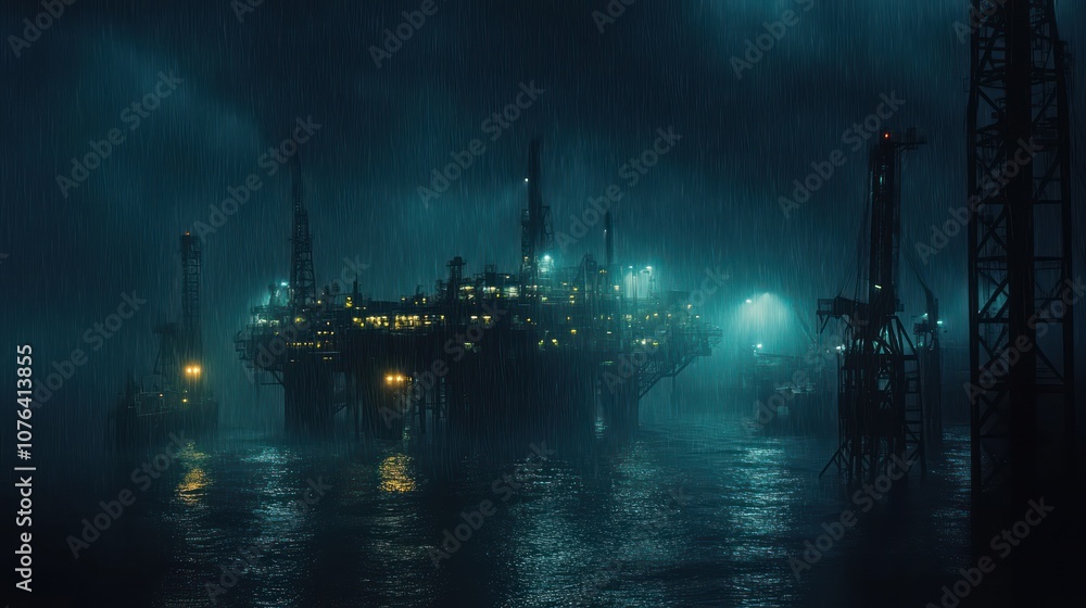Oil platform sea night, epic rain storm, dark and moody, blue overtone Oil platform sea night, epic rain storm, dark and moody, blue overtone