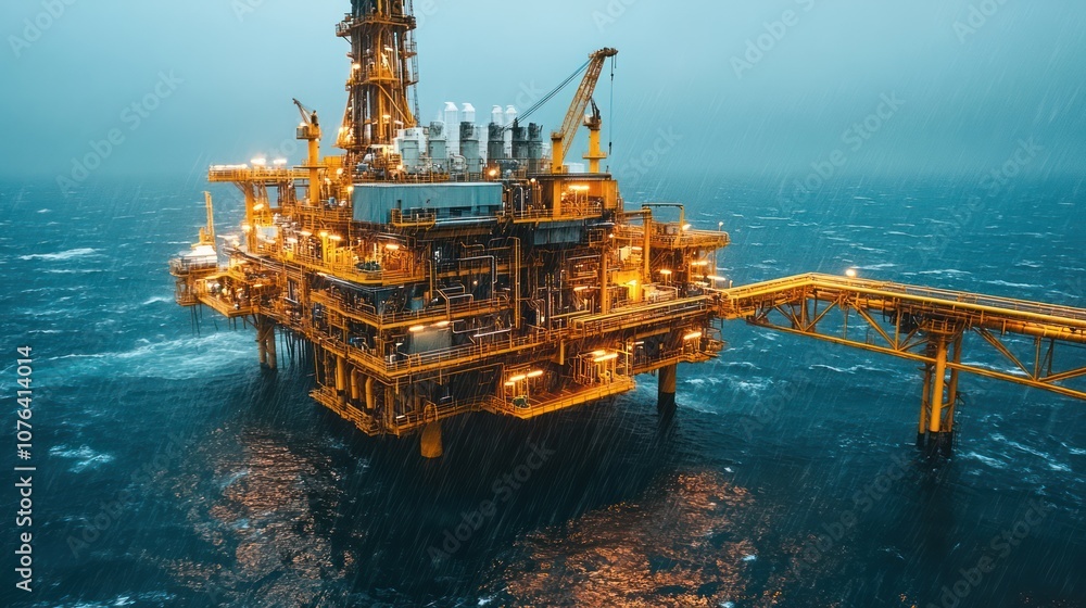 Oil platform sea night, epic rain storm, dark and moody, blue overtone Oil platform sea night, epic rain storm, dark and moody, blue overtone