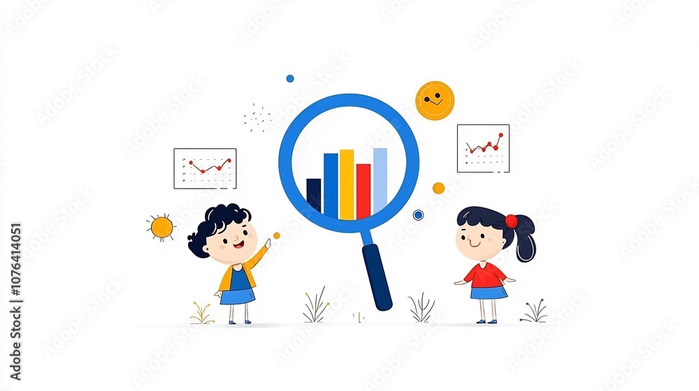 Fototapeta premium Cartoon of Teamwork and Growth Concept in Business Analysis with Characters Examining Magnifying Glass Containing Bar Charts and Data Visualizations
