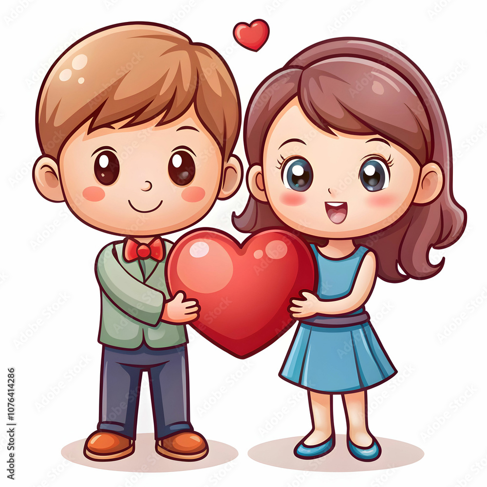 A charming cartoon couple shares a sweet moment with a red heart. A charming cartoon couple shares a sweet moment with a red heart.