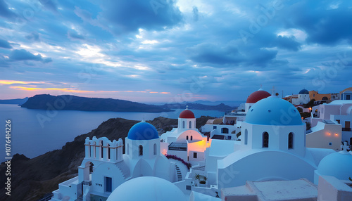 Beautiful view of Churches in Oia village, Santorini island in Greece at sunset, with dramatic sky. 