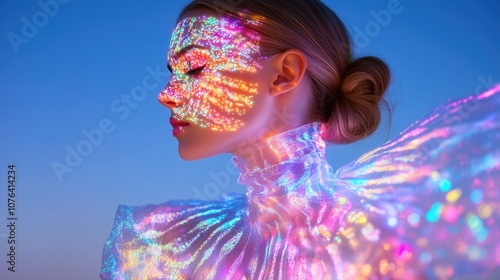Futuristic Woman Portrait With Intricate Digital Patterns Illuminating Her Face in a Colorful Display at Twilight