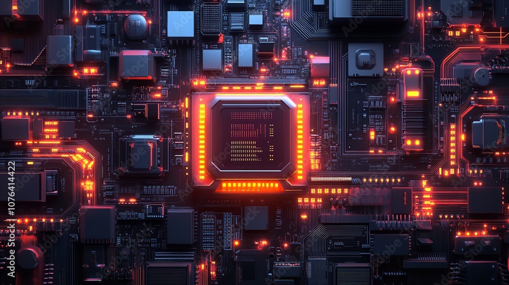 Digital circuits and glowing points on a dark technology background Digital circuits and glowing points on a dark technology background