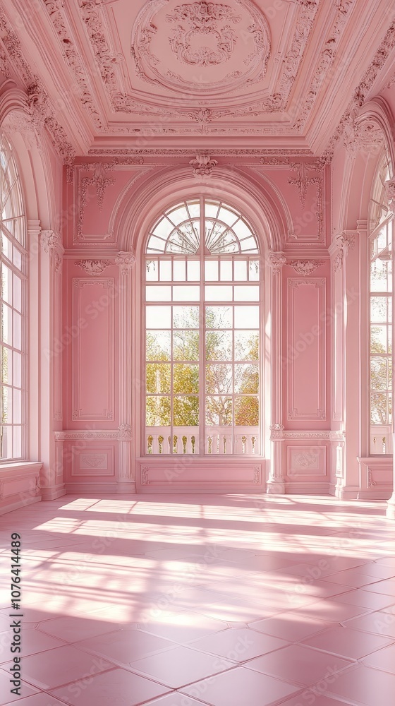 Luxurious elegant pink room with ornate windows and soft lighting Luxurious elegant pink room with ornate windows and soft lighting
