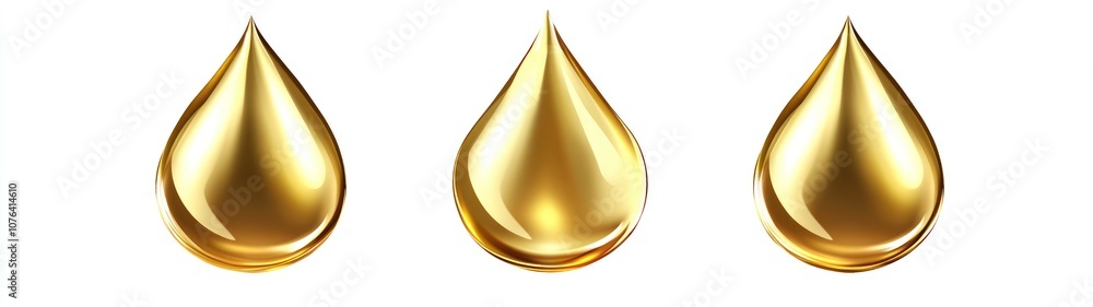 Three Golden Oil Drops Isolated on White Background Three Golden Oil Drops Isolated on White Background