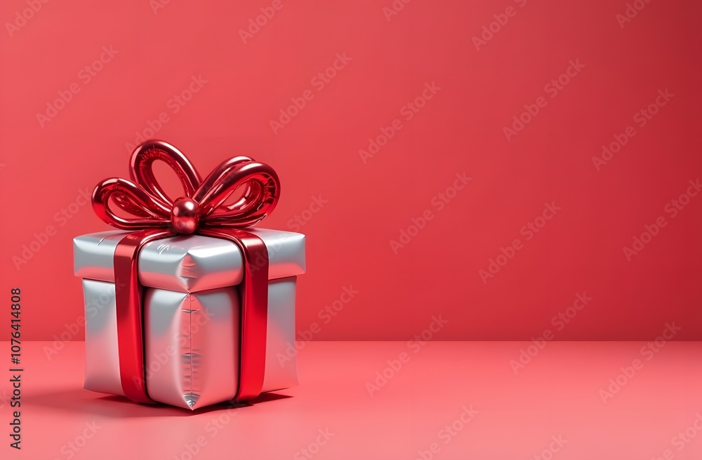 A charming silver present adorned with a glossy red ribbon and a large bow sits on a solid red surface, perfect for gift-giving occasions and celebrations A charming silver present adorned with a glossy red ribbon and a large bow sits on a solid red surface, perfect for gift-giving occasions and celebrations