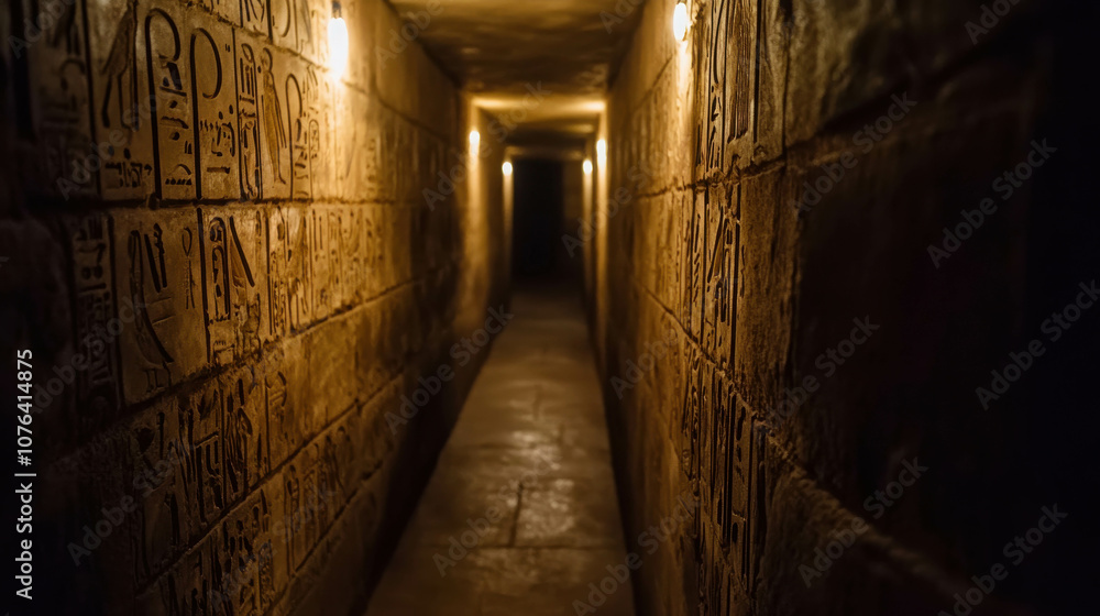 Obraz premium Narrow and Winding Corridor Inside Ancient Egyptian Structure with Hieroglyphics and Soft Lighting in Gigapixel Quality