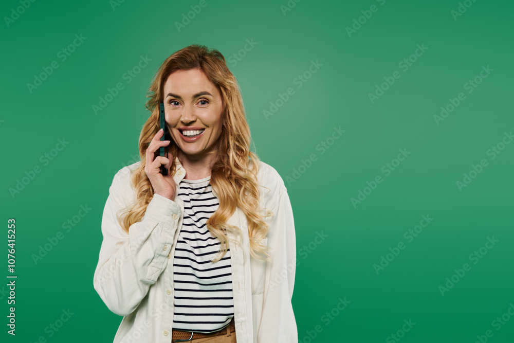 A cheerful woman with curly hair smiles as she talks on a phone, showcasing her casual style against greenery. A cheerful woman with curly hair smiles as she talks on a phone, showcasing her casual style against greenery.