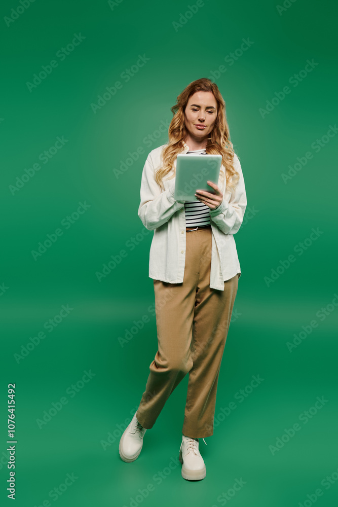 A beautiful woman with curly hair stands casually, engaged with a tablet, surrounded by bright green hues. A beautiful woman with curly hair stands casually, engaged with a tablet, surrounded by bright green hues.