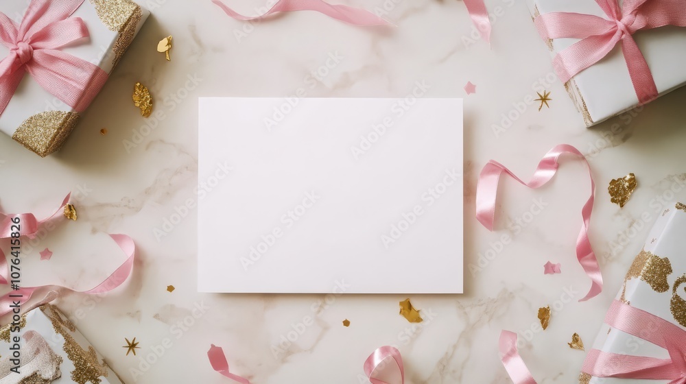 Pink Celebration Mockup: Elegant flatlay showcasing a blank card surrounded by blush pink ribbons, gold confetti, and beautifully wrapped gifts. Perfect for branding, invitations, or announcements. Pink Celebration Mockup: Elegant flatlay showcasing a blank card surrounded by blush pink ribbons, gold confetti, and beautifully wrapped gifts. Perfect for branding, invitations, or announcements.