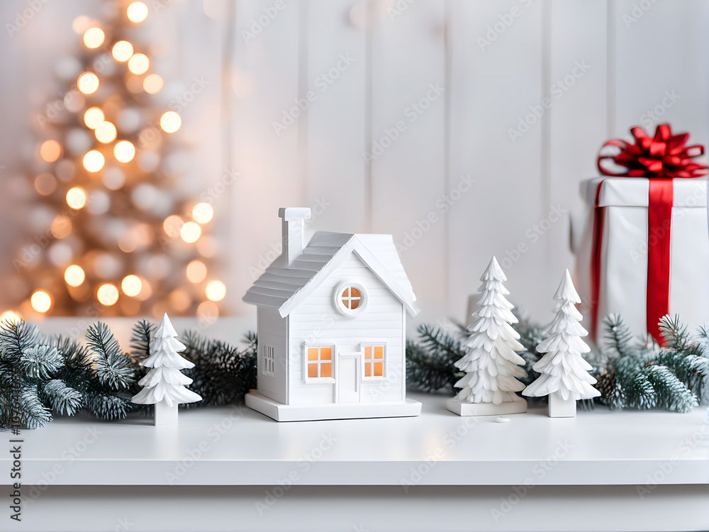 New Year, Christmas background. New Year's decor on a white table, decorative firs, gift and white house. Front view New Year, Christmas background. New Year's decor on a white table, decorative firs, gift and white house. Front view