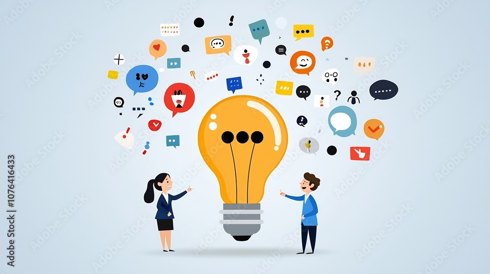 Close up of a large lightbulb filled with colorful chat bubbles with a diverse business team in suits pointing and discussing creative ideas Close up of a large lightbulb filled with colorful chat bubbles with a diverse business team in suits pointing and discussing creative ideas