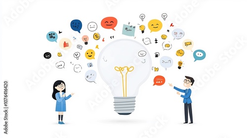 Teamwork and Creative Communication Symbolized by Colorful Lightbulb Filled with Chat Bubbles in a Flat Showcasing Collaborative Ideas and Solutions in a Business or Office Setting