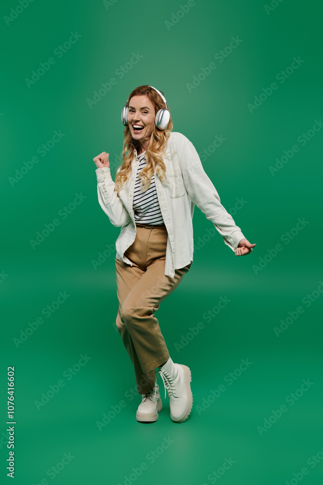 A cheerful woman with curly hair enjoys a lively dance on a bright green background, radiating joy and energy. A cheerful woman with curly hair enjoys a lively dance on a bright green background, radiating joy and energy.