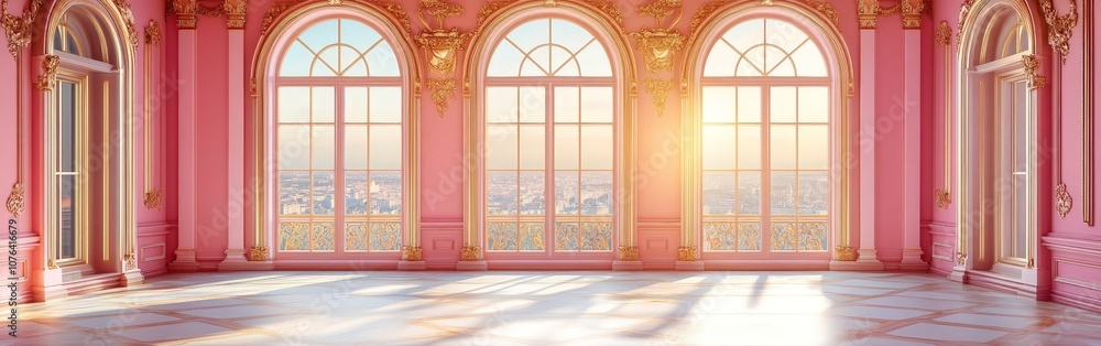 Elegant Pink Room with Sunlight Streaming Through Arched Windows Elegant Pink Room with Sunlight Streaming Through Arched Windows