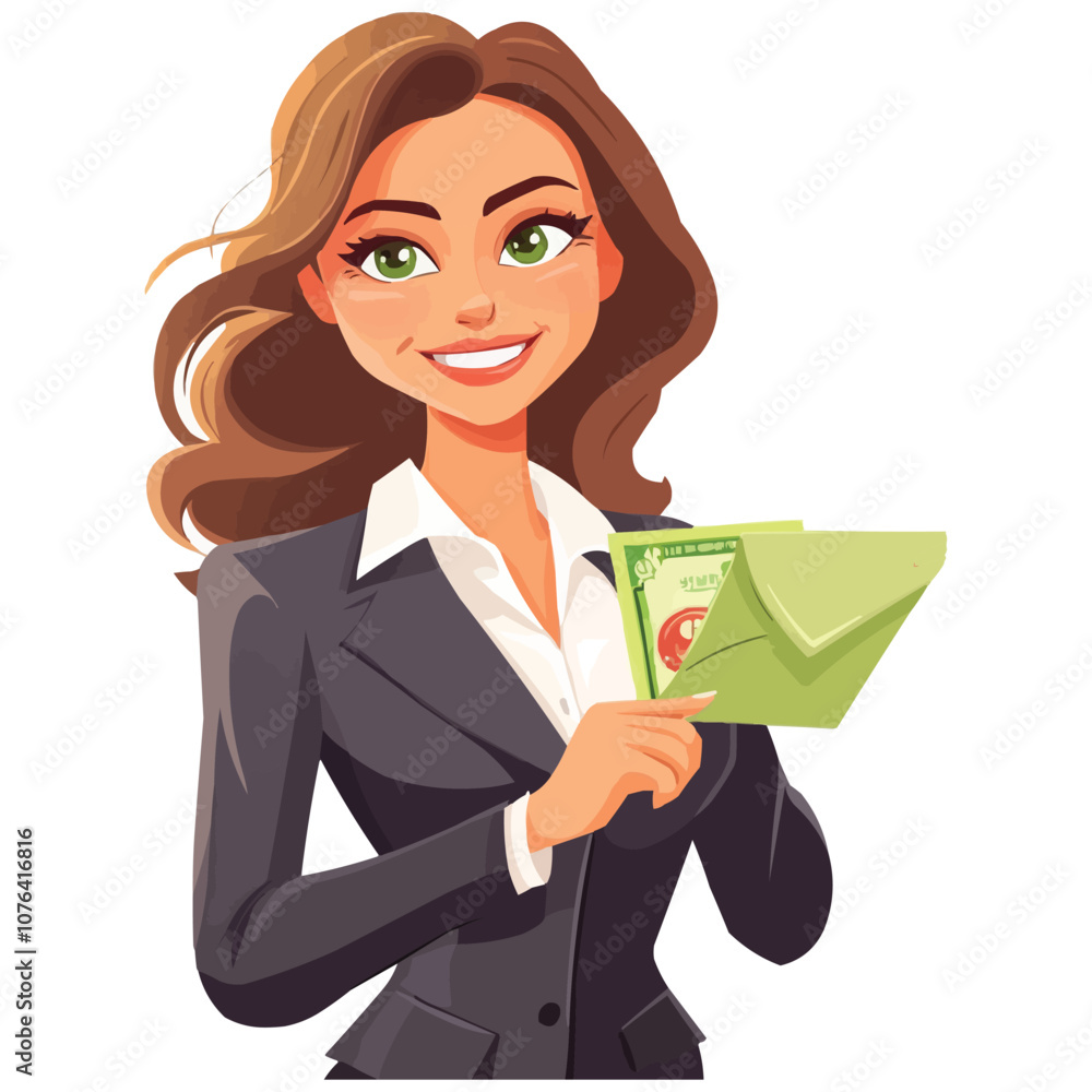 A beautiful woman in business attire holding an envelope with green currency A beautiful woman in business attire holding an envelope with green currency