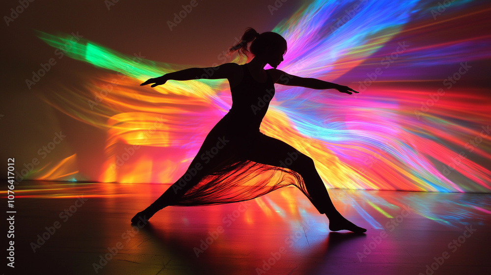 A holographic silhouette of a dancer, illuminated with vibrant colors A holographic silhouette of a dancer, illuminated with vibrant colors