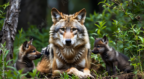 A she-wolf with cubs in the forest. Little cubs next to their mother. Wildlife.