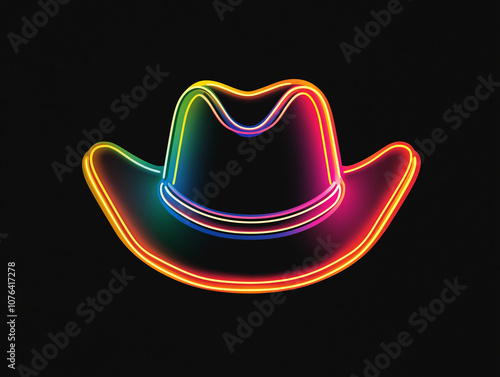 simple vector logo of an illuminated colorful neon cowboy hat, in a black background,bold outline, no mockup frame