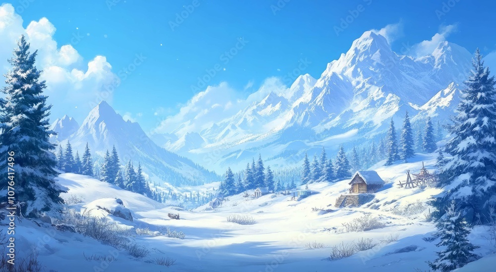 Serene winter village scene with snowy rooftops pine trees and mountains cartoon 3D background with warm inviting tones Serene winter village scene with snowy rooftops pine trees and mountains cartoon 3D background with warm inviting tones