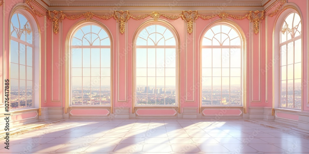 Elegant Pink Room with Sunlight Streaming Through Arched Windows Elegant Pink Room with Sunlight Streaming Through Arched Windows